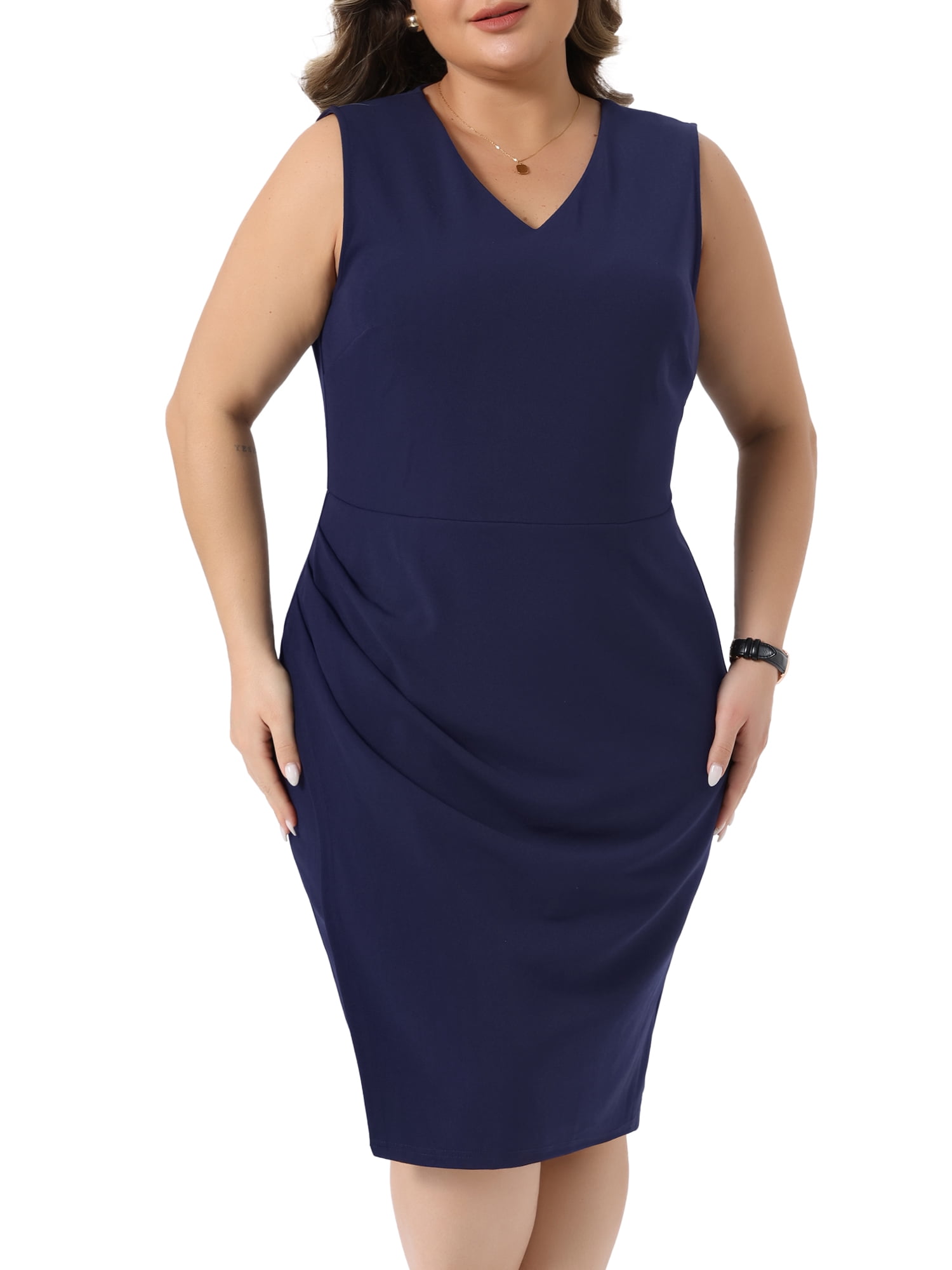 DARING DIVA Women's Plus Size Work Dress V Neck Ruched Bodycon 4X Navy Blue