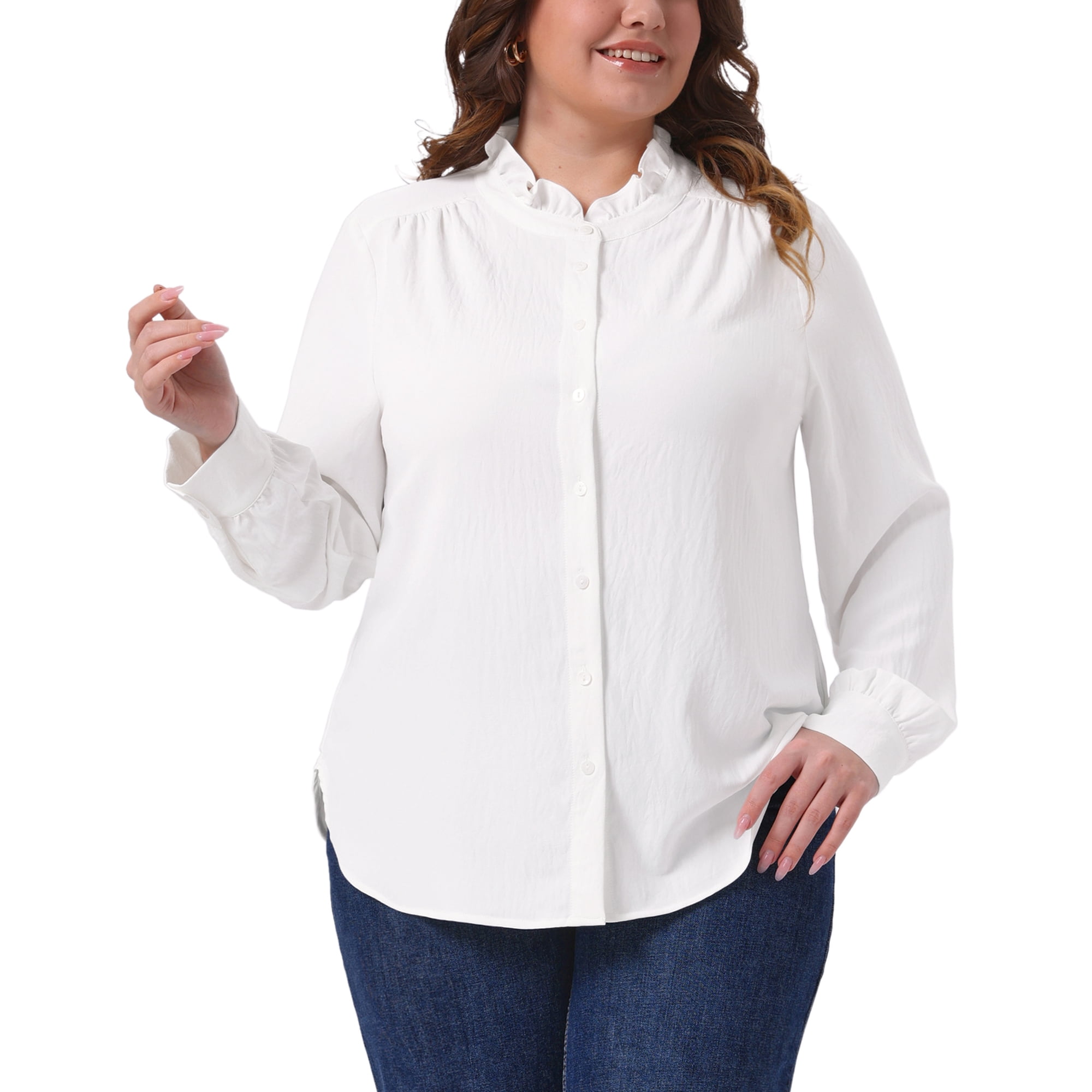 DARING DIVA Women's Plus Work Office Button Down Shirt Ruffle Stand Collar 1X White