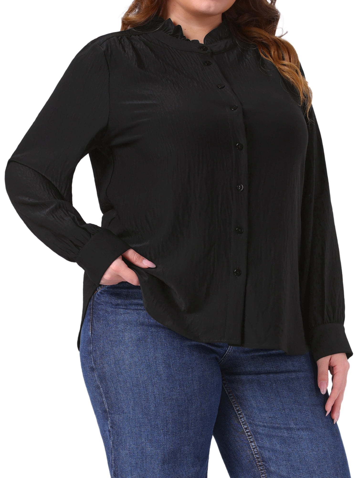DARING DIVA Women's Plus Work Office Button Down Shirt Ruffle Stand Collar 2X Black