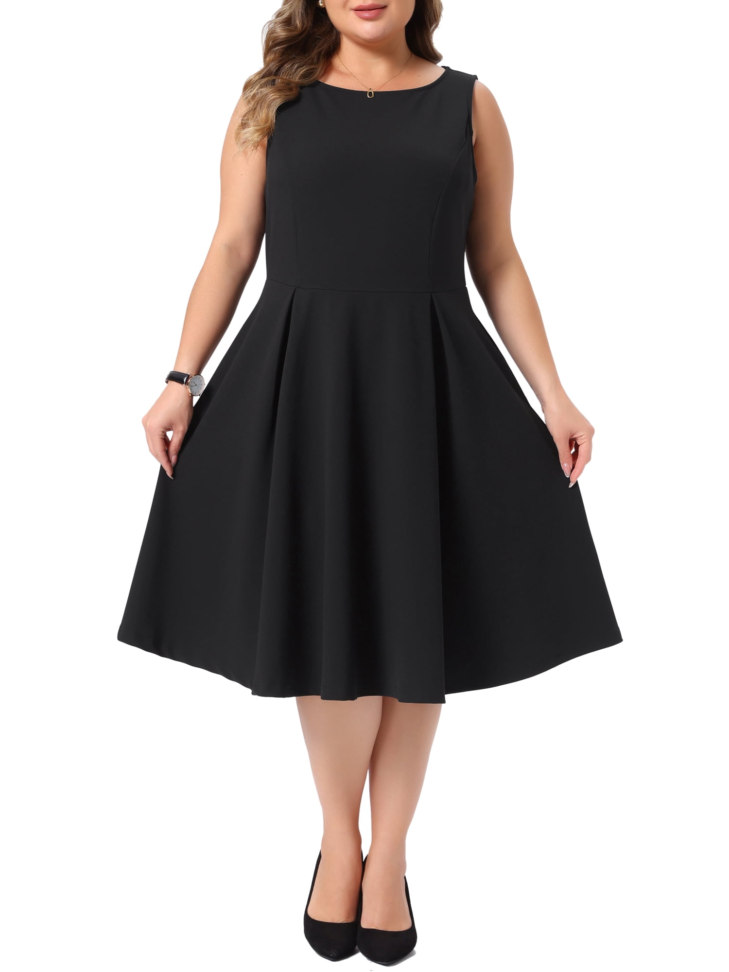 DARING DIVA Women's Plus Work Sleeveless Boat Neck A-Line Pockets Dress 2X Black