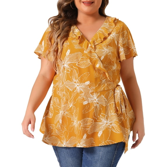 DARING DIVA Women's Plus Wrap V Neck Tie Waist Ruffle Sleeve Blouse 3X Yellow