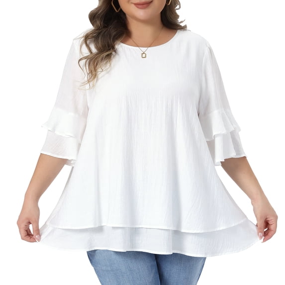 DARING DIVA Women's Plus with Crew Neck and Ruffle Half Tops 1X White