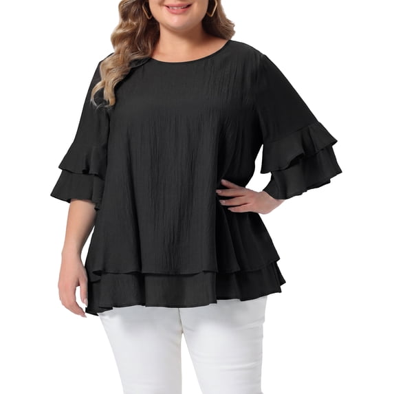 DARING DIVA Women's Plus with Crew Neck and Ruffle Half Tops 2X Black