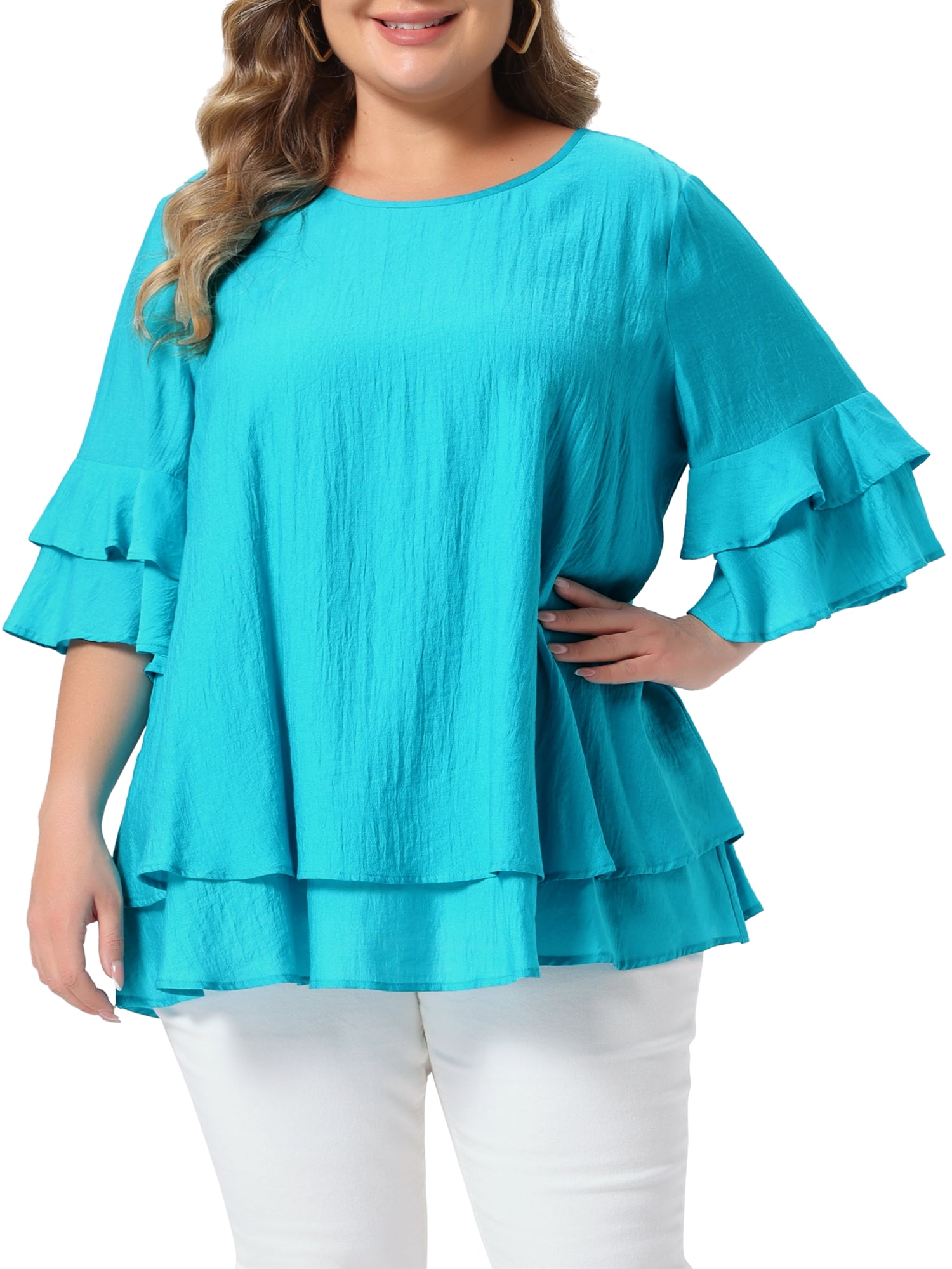 DARING DIVA Women's Plus with Crew Neck and Ruffle Half Tops 2X Blue