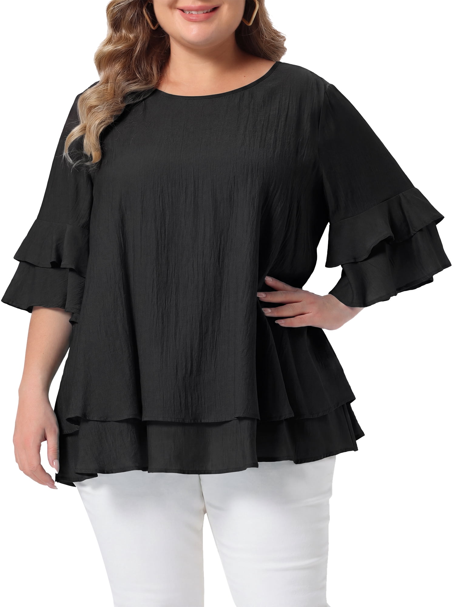 DARING DIVA Women's Plus with Crew Neck and Ruffle Half Tops 4X Black