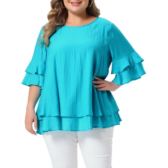 DARING DIVA Women's Plus with Crew Neck and Ruffle Half Tops 4X Blue
