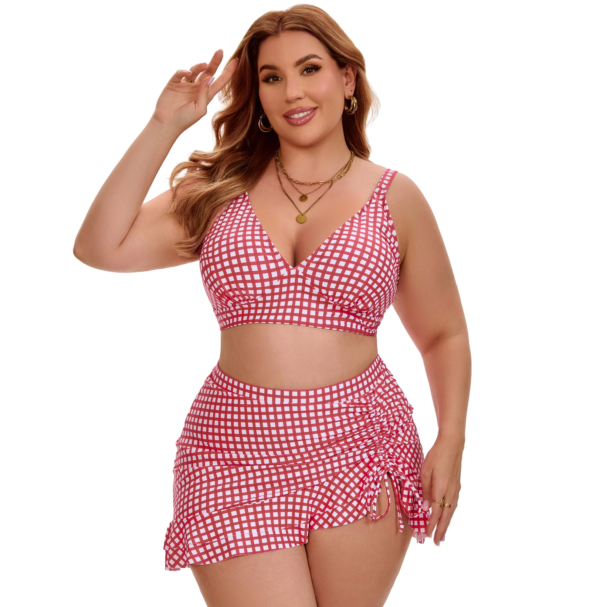 DARING DIVA Women's Plus with Retro Gingham High Waisted Bikini 2X Red