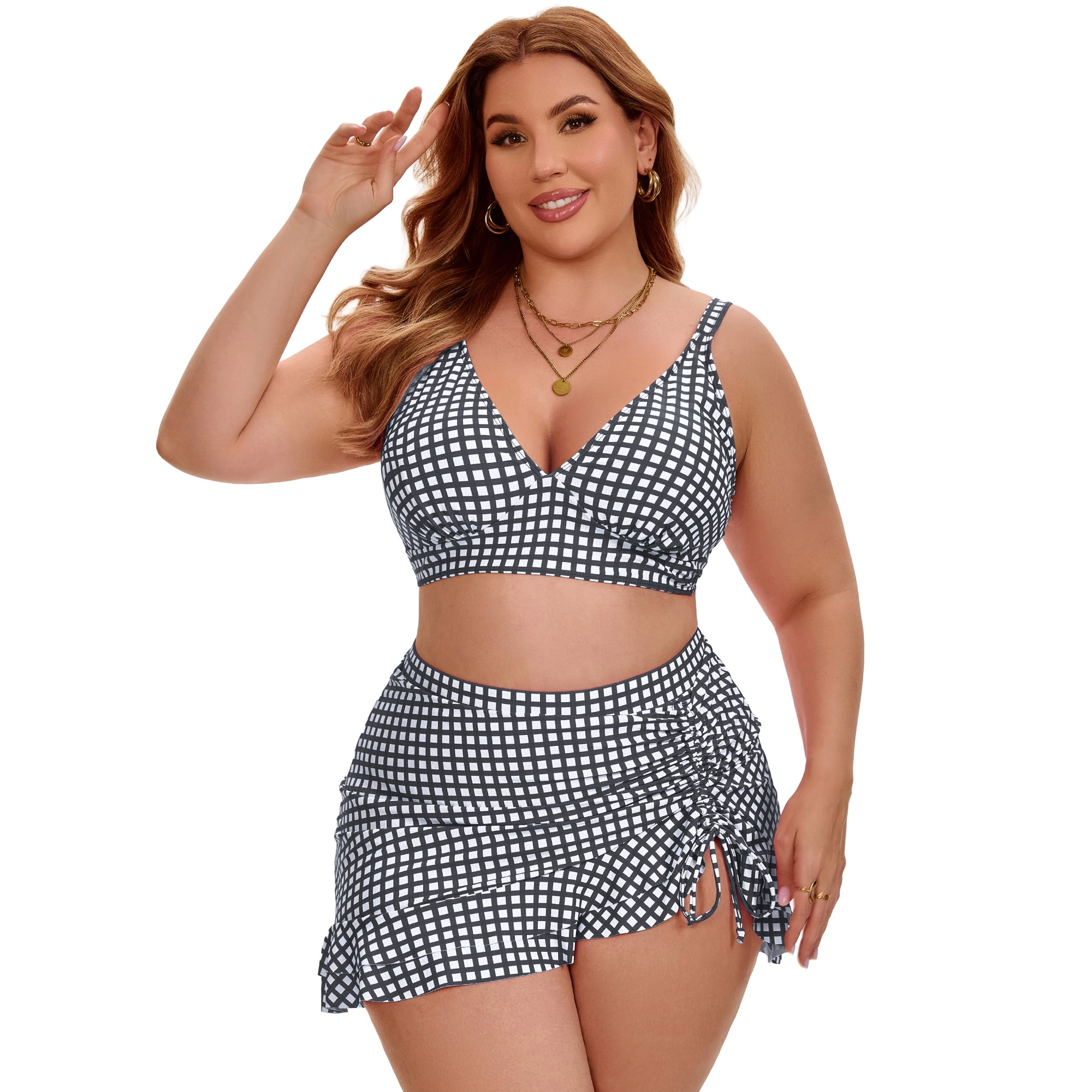 DARING DIVA Women's Plus with Retro Gingham High Waisted Bikini L Gray