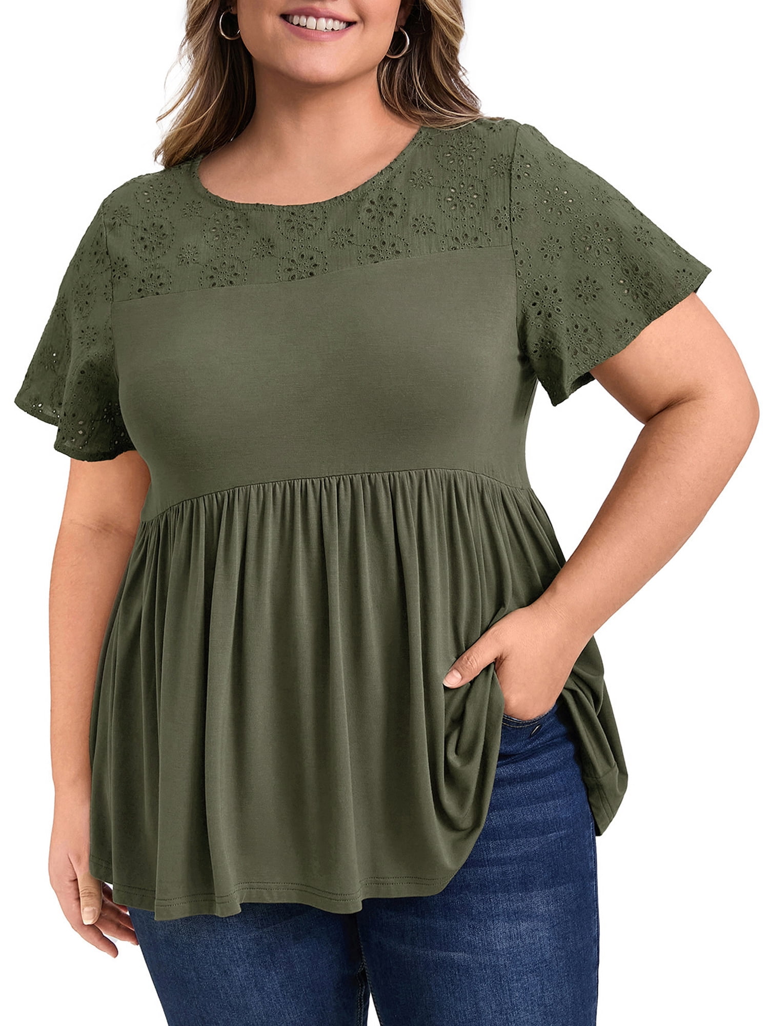 DARING DIVA Women's Plus Eyelet Embroidery Blouse with Ruffle Hem 3X Army Green