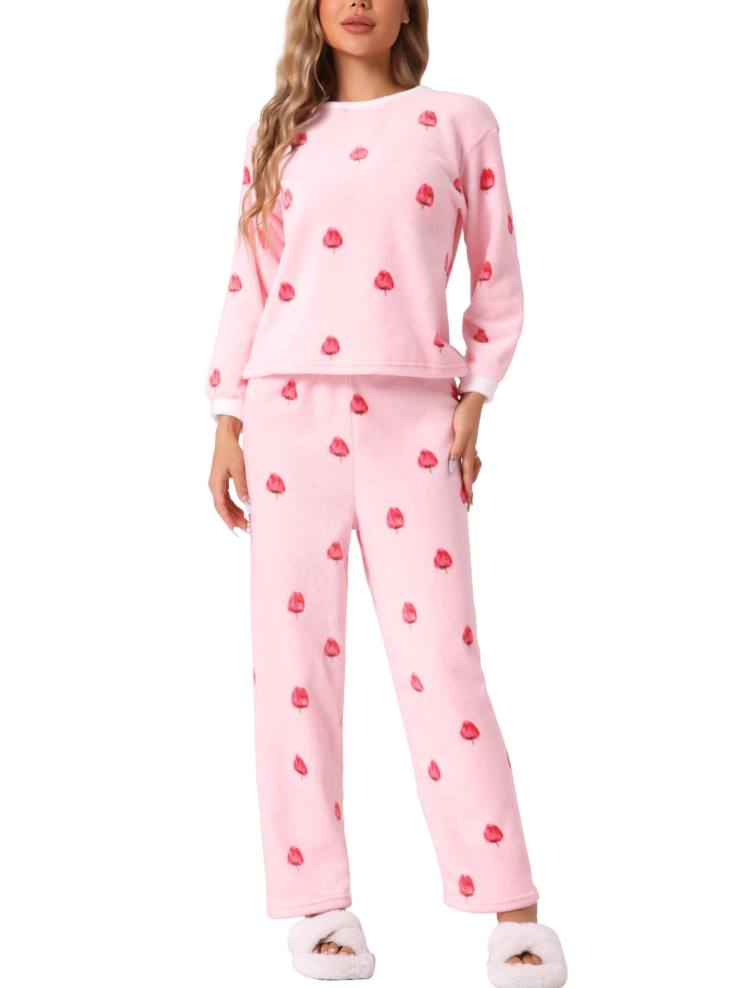 DARING DIVA Women's Plush Fleece Top and Pants Pajamas Set S Strawberry Pink