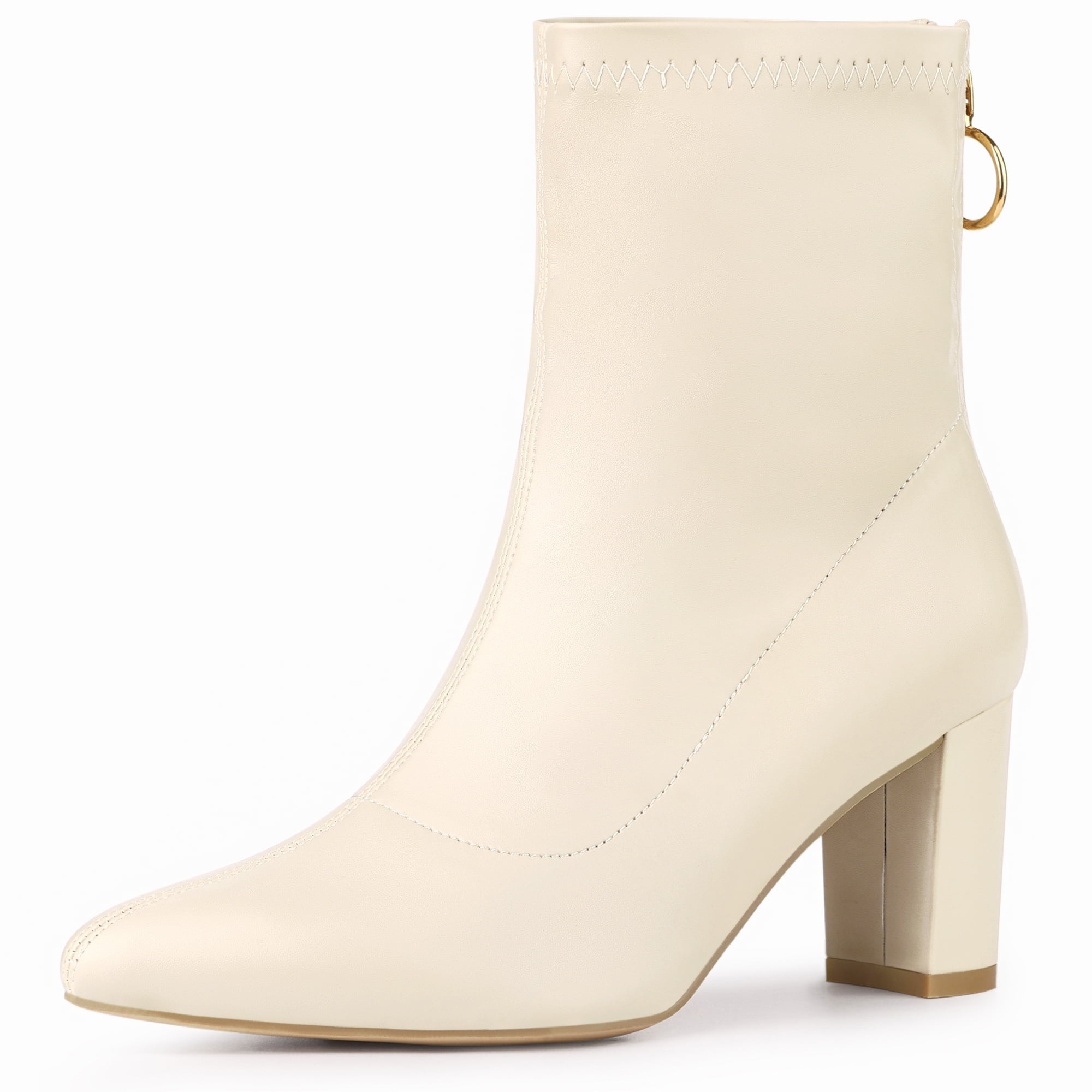 DARING DIVA Women's Pointed Toe Back Zip Block Heel Ankle Boots Beige 8