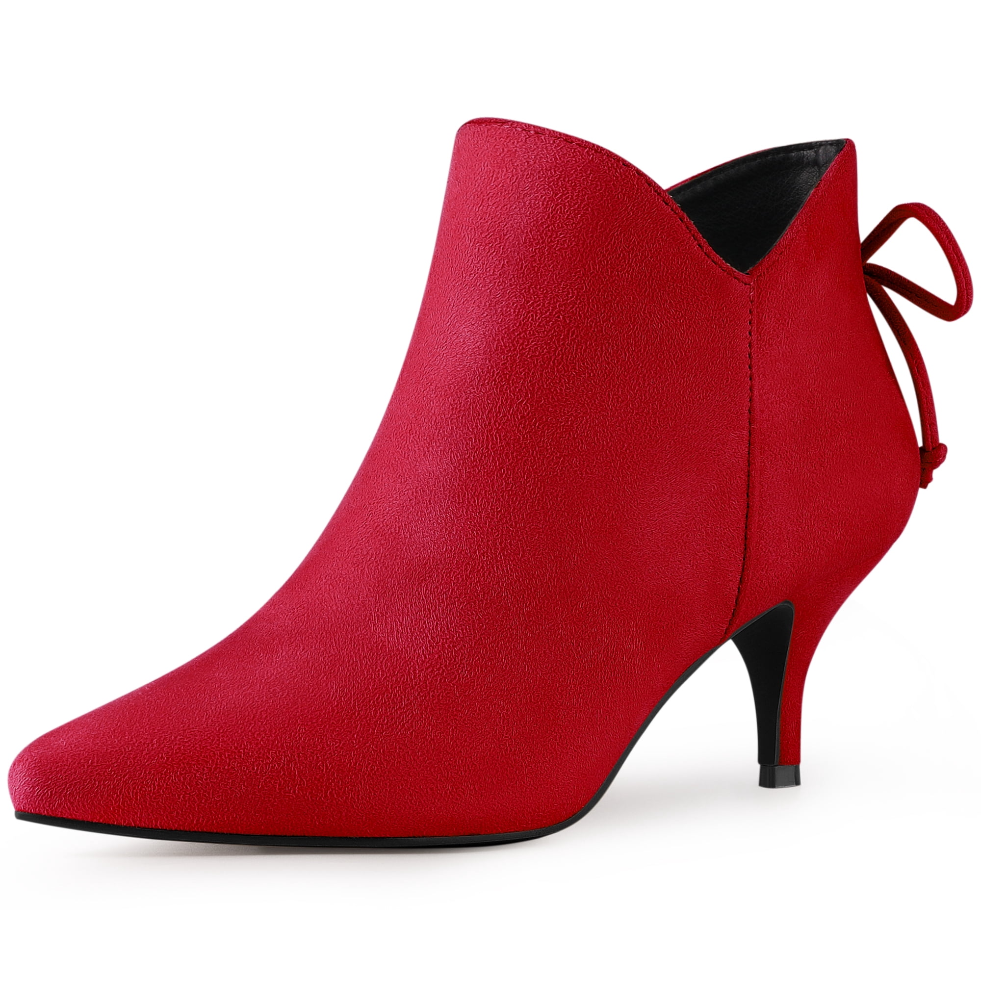 DARING DIVA Women's Pointed Toe Bow Cutout Kitten Heel Ankle Boots Red 6