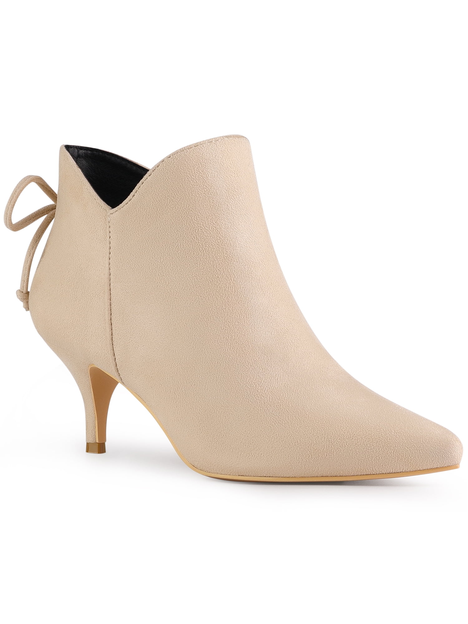 DARING DIVA Women's Pointed Toe Bow Cutout Kitten Heel Ankle Boots Beige 7.5