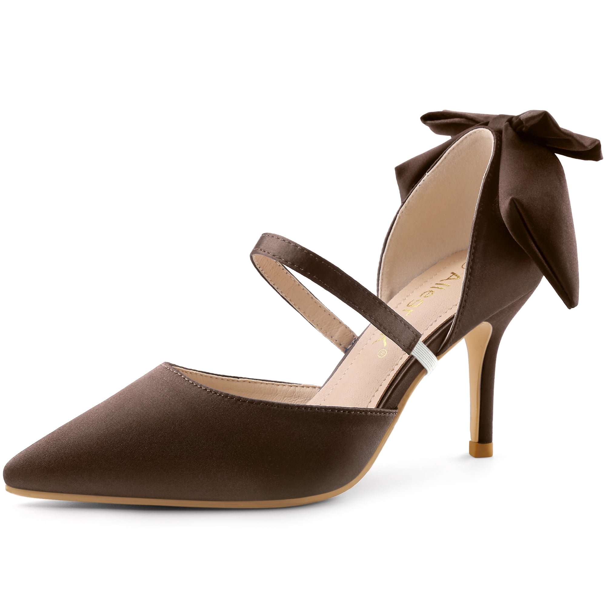 DARING DIVA Women's Pointed Toe Bow Satin Stiletto Heels Pumps Brown 7