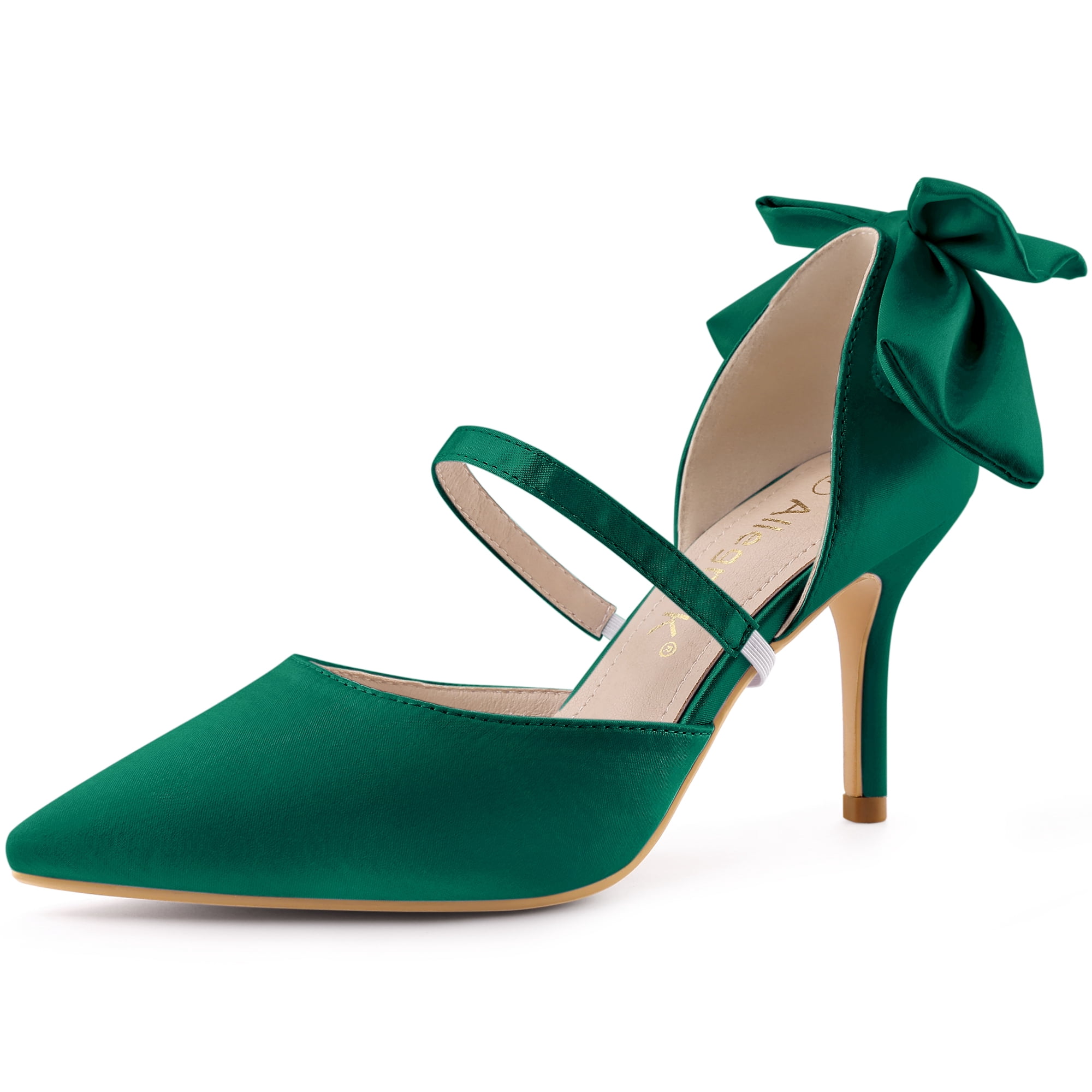 DARING DIVA Women's Pointed Toe Bow Satin Stiletto Heels Pumps Dark Green 8