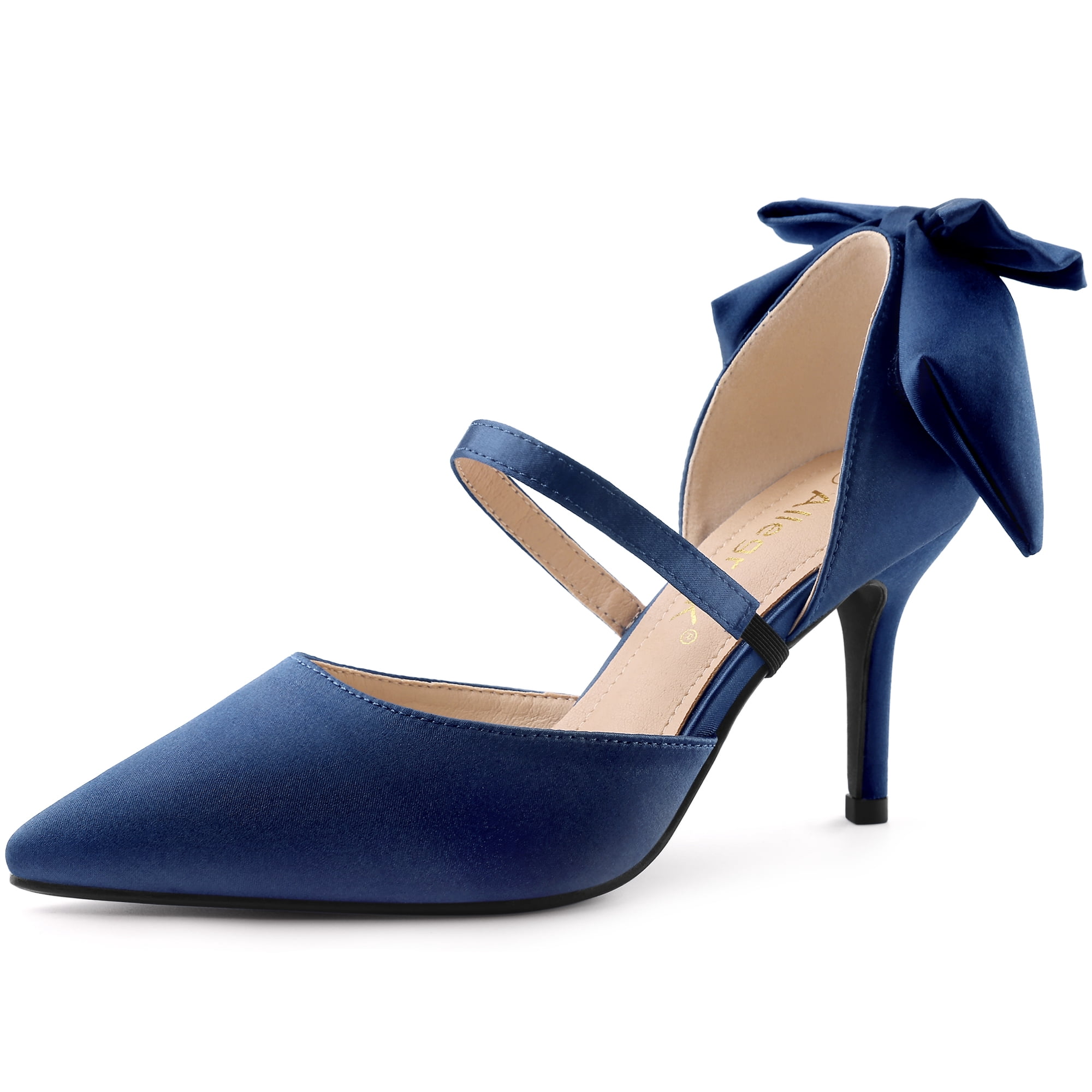 DARING DIVA Women's Pointed Toe Bow Satin Stiletto Heels Pumps Navy Blue 8