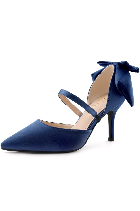 Women's Pointed Toe Bow Satin Stiletto Heels Pumps Navy Blue 9