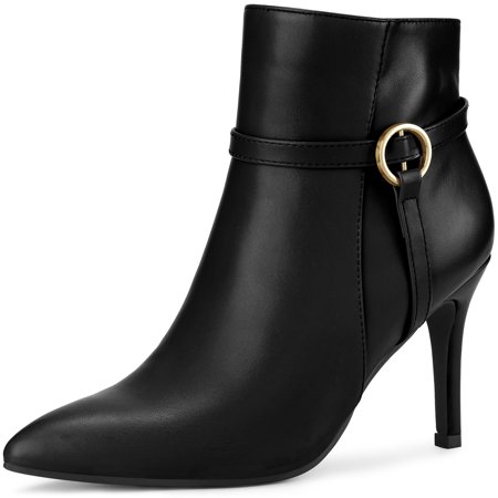 DARING DIVA Women's Pointed Toe Buckle Strap Stiletto Heel Ankle Boots Black US 9