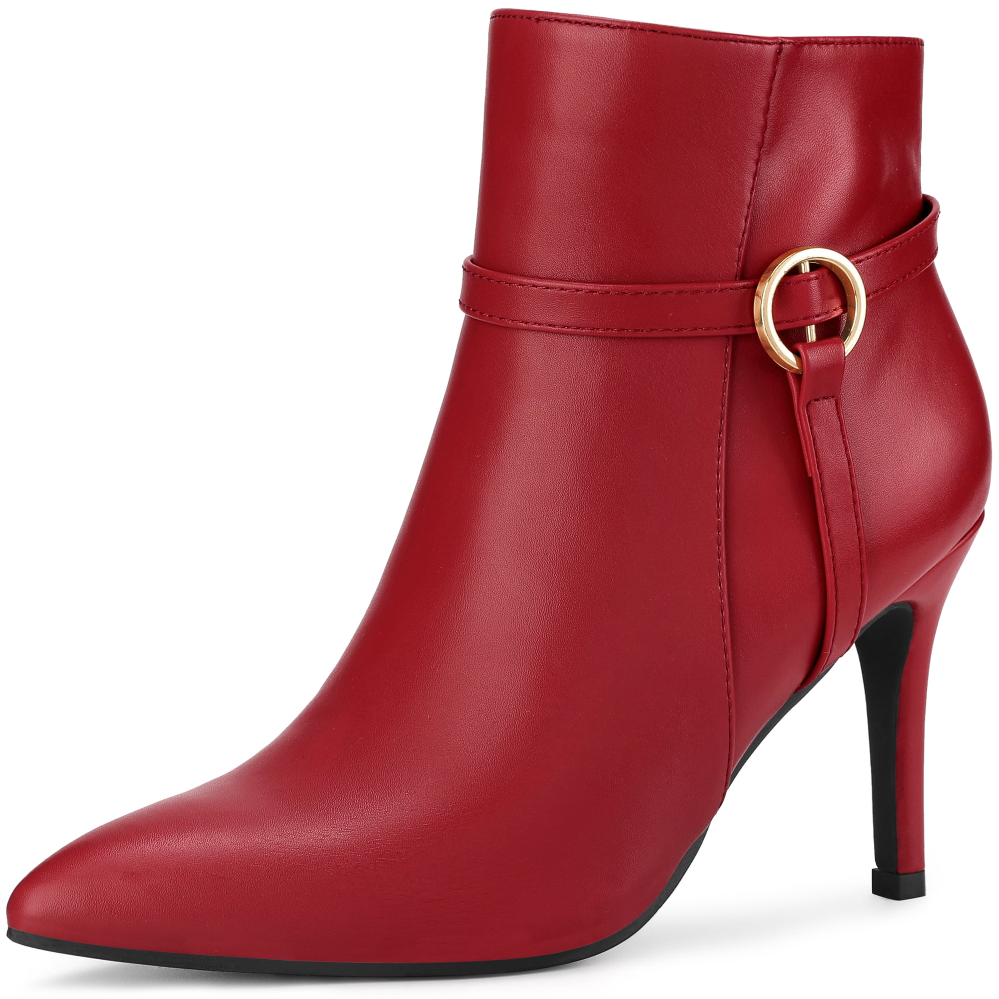 DARING DIVA Women's Pointed Toe Buckle Strap Stiletto Heel Ankle Boots Red US 8