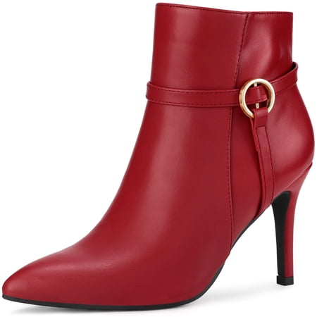 DARING DIVA Women's Pointed Toe Buckle Strap Stiletto Heel Ankle Boots Red US 9