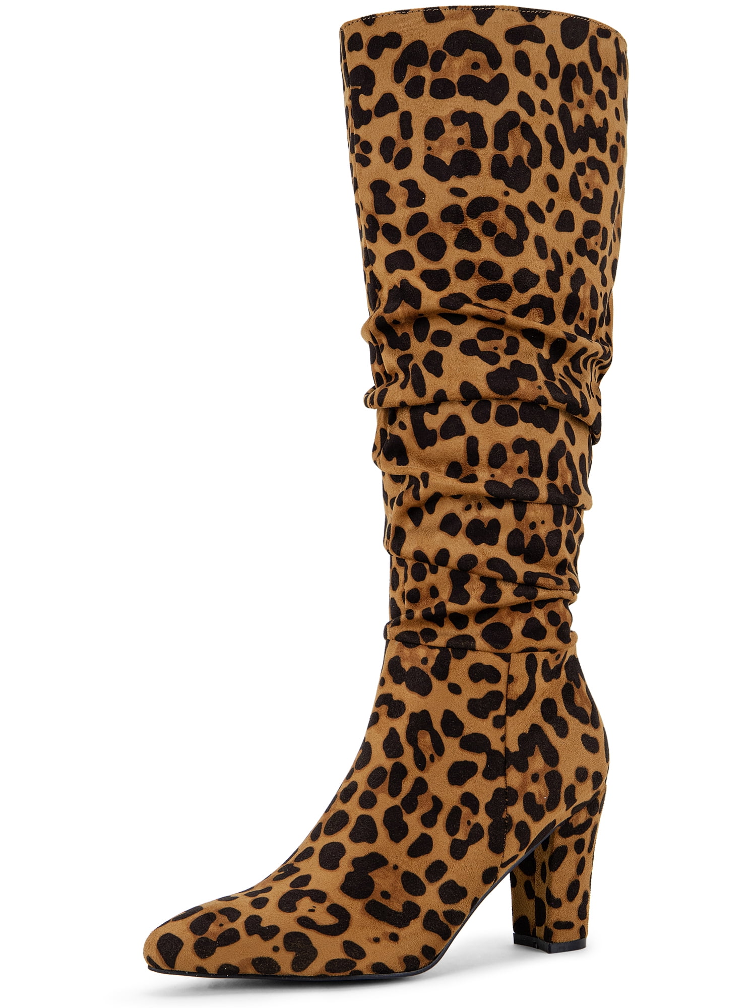 DARING DIVA Women's Pointed Toe Chunky Heel Knee High Boots Leopard 6.5