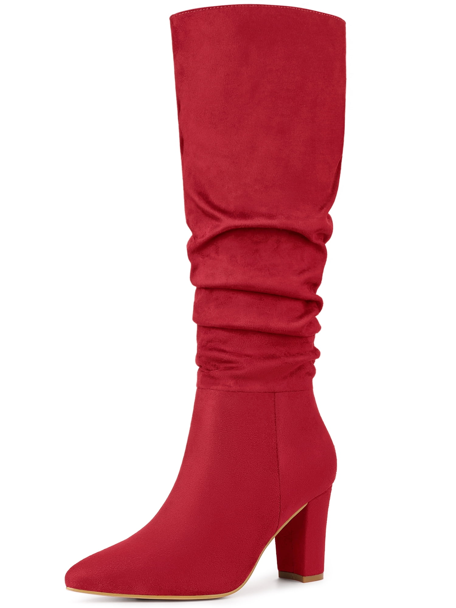 DARING DIVA Women's Pointed Toe Chunky Heel Knee High Boots Red 6.5