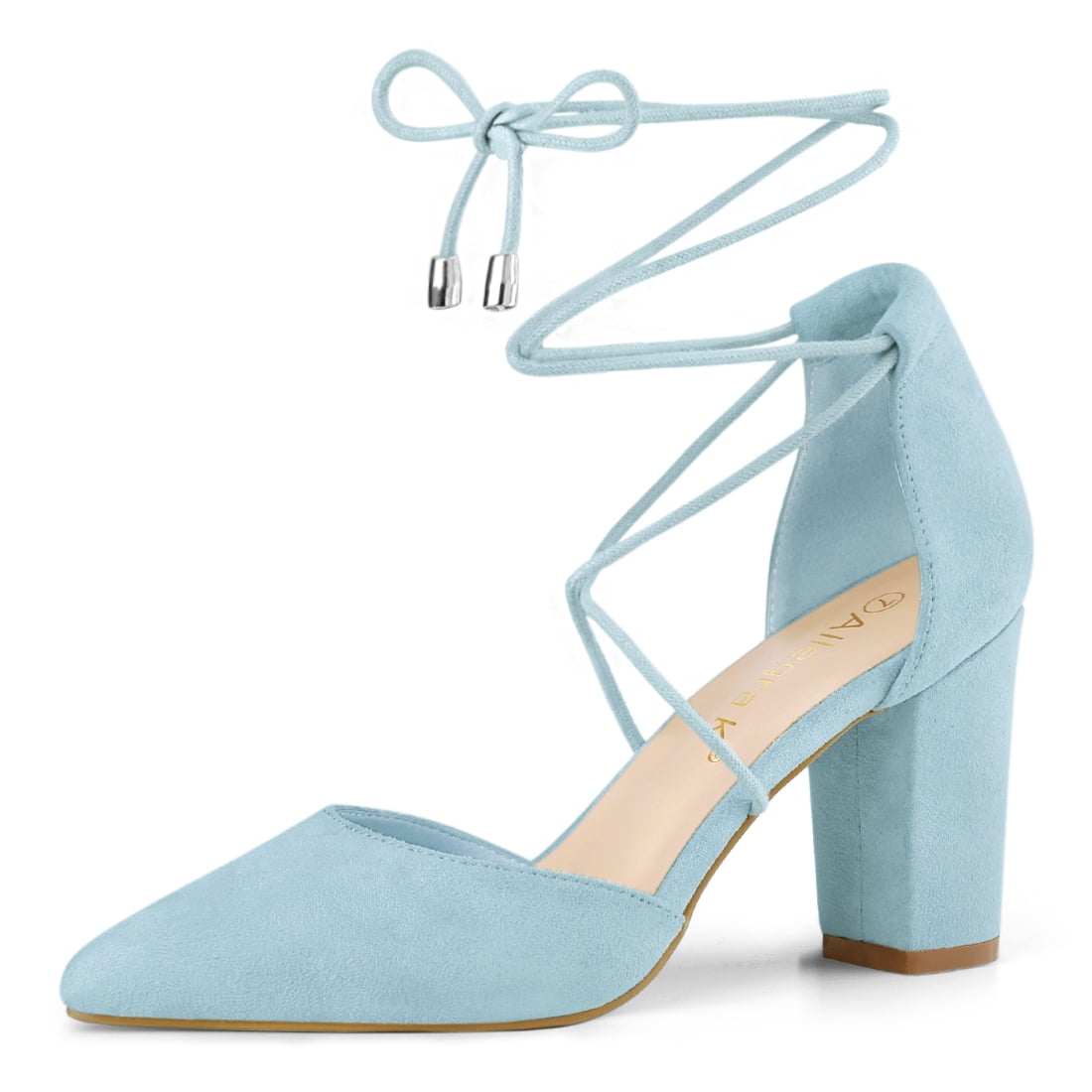 DARING DIVA Women's Pointed Toe Chunky Heels Lace Up Sandals and Pumps Light Blue 8.5