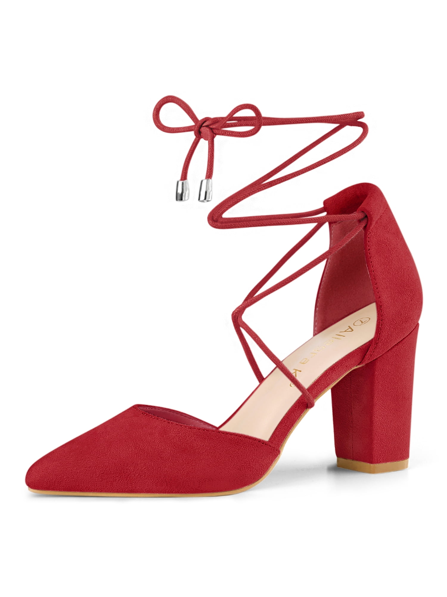 DARING DIVA Women's Pointed Toe Chunky Heels Lace Up Sandals and Pumps Red 7