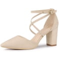 thumbnail image 1 of DARING DIVA Women's Pointed Toe Cross Strap Chunky Heels Pumps Shoes Beige 7, 1 of 7