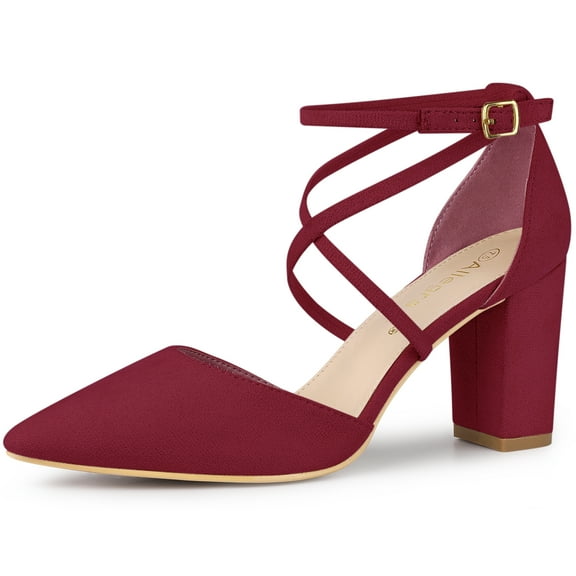 DARING DIVA Women's Pointed Toe Cross Strap Chunky Heels Pumps Shoes Burgundy 7