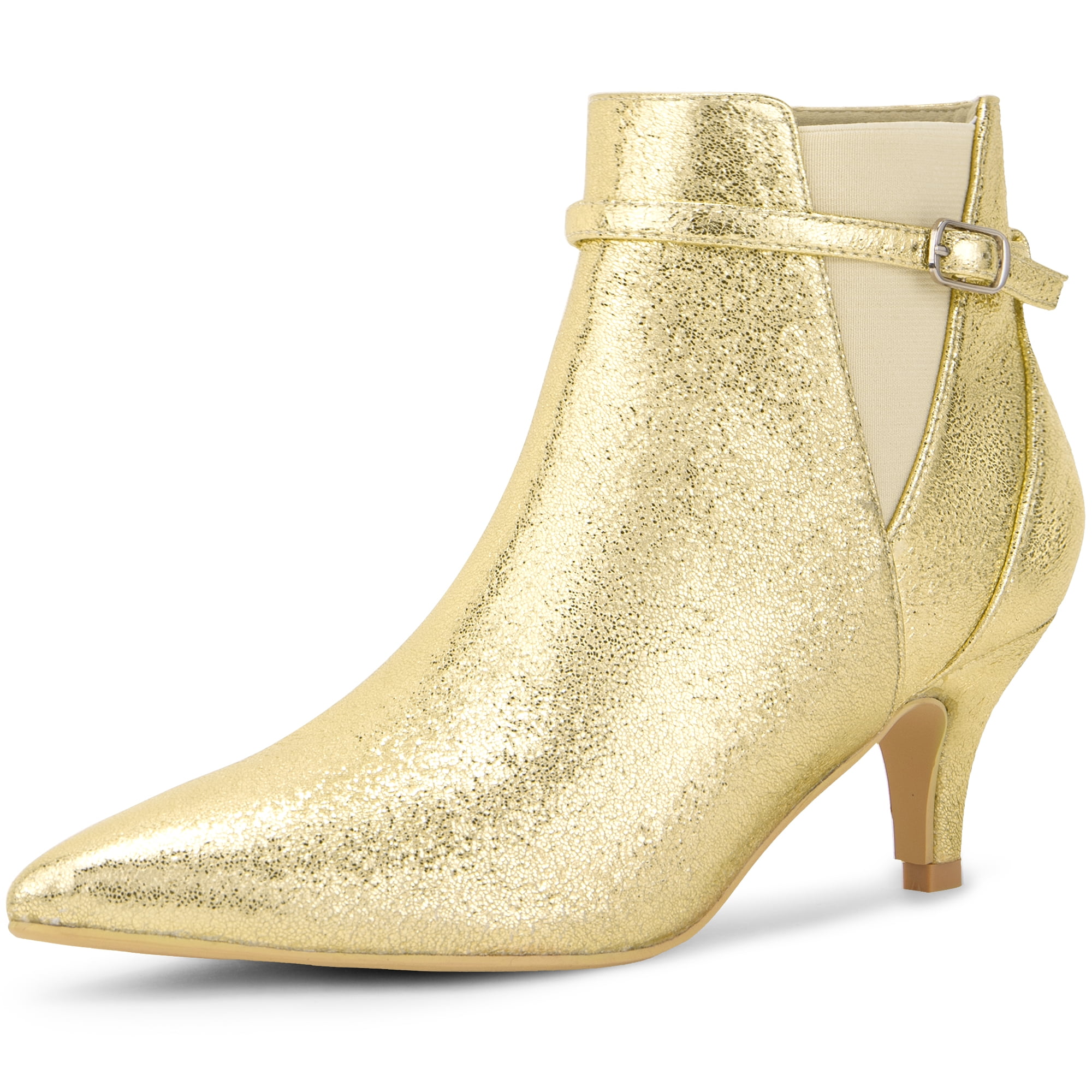 DARING DIVA Women's Pointed Toe Elastic Kitten Heels Ankle Booties Gold US 8