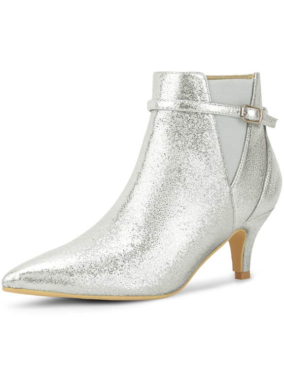 Women's Pointed Toe Elastic Kitten Heels Ankle Booties Silver US 8