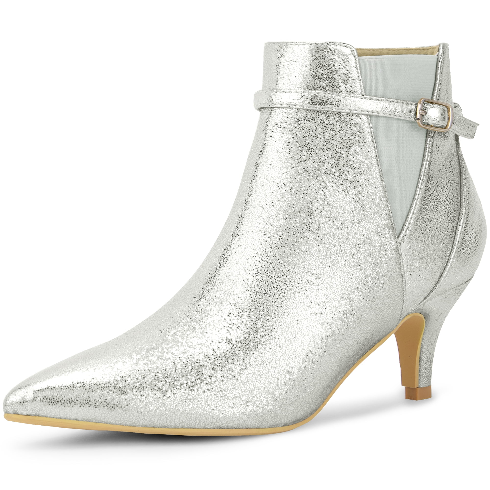DARING DIVA Women's Pointed Toe Elastic Kitten Heels Ankle Booties Silver US 9
