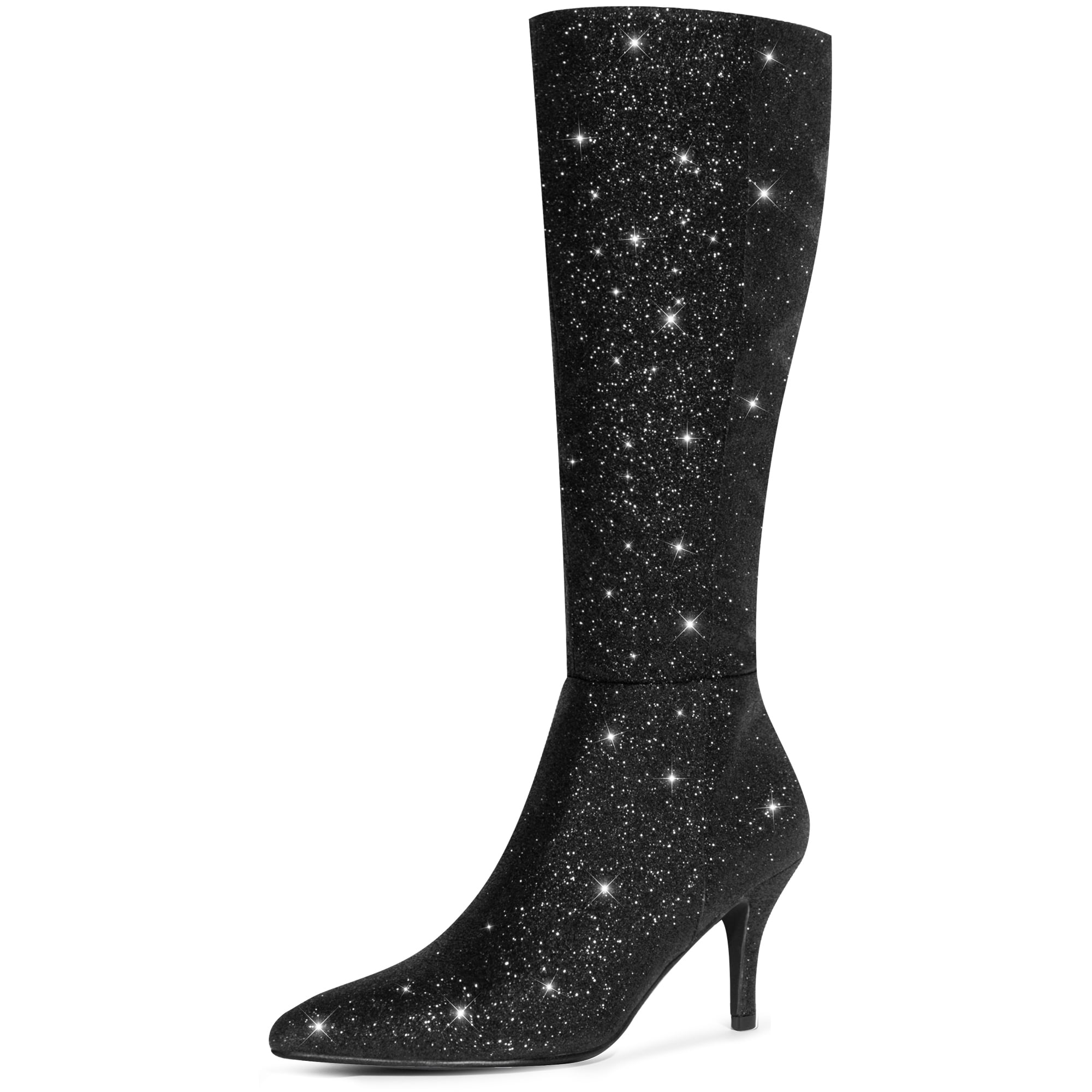 DARING DIVA Women's Pointed Toe Glitter Stiletto Heel Knee High Boots Black 7