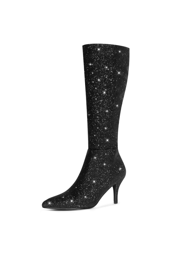 Women's Pointed Toe Glitter Stiletto Heel Knee High Boots Black 9