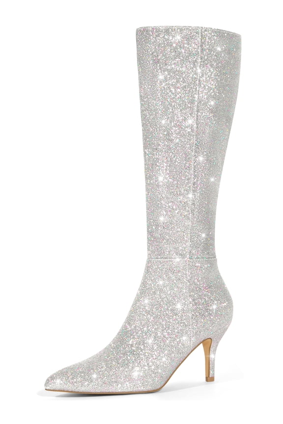 Women's Pointed Toe Glitter Stiletto Heel Knee High Boots Silver 6