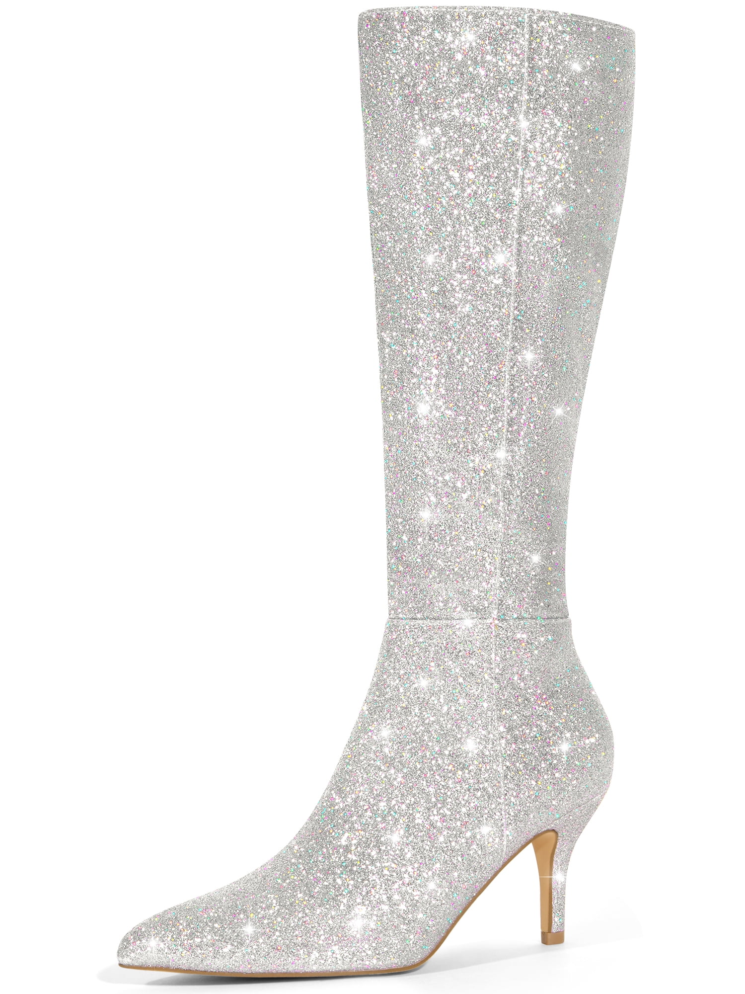 DARING DIVA Women's Pointed Toe Glitter Stiletto Heel Knee High Boots Silver 8