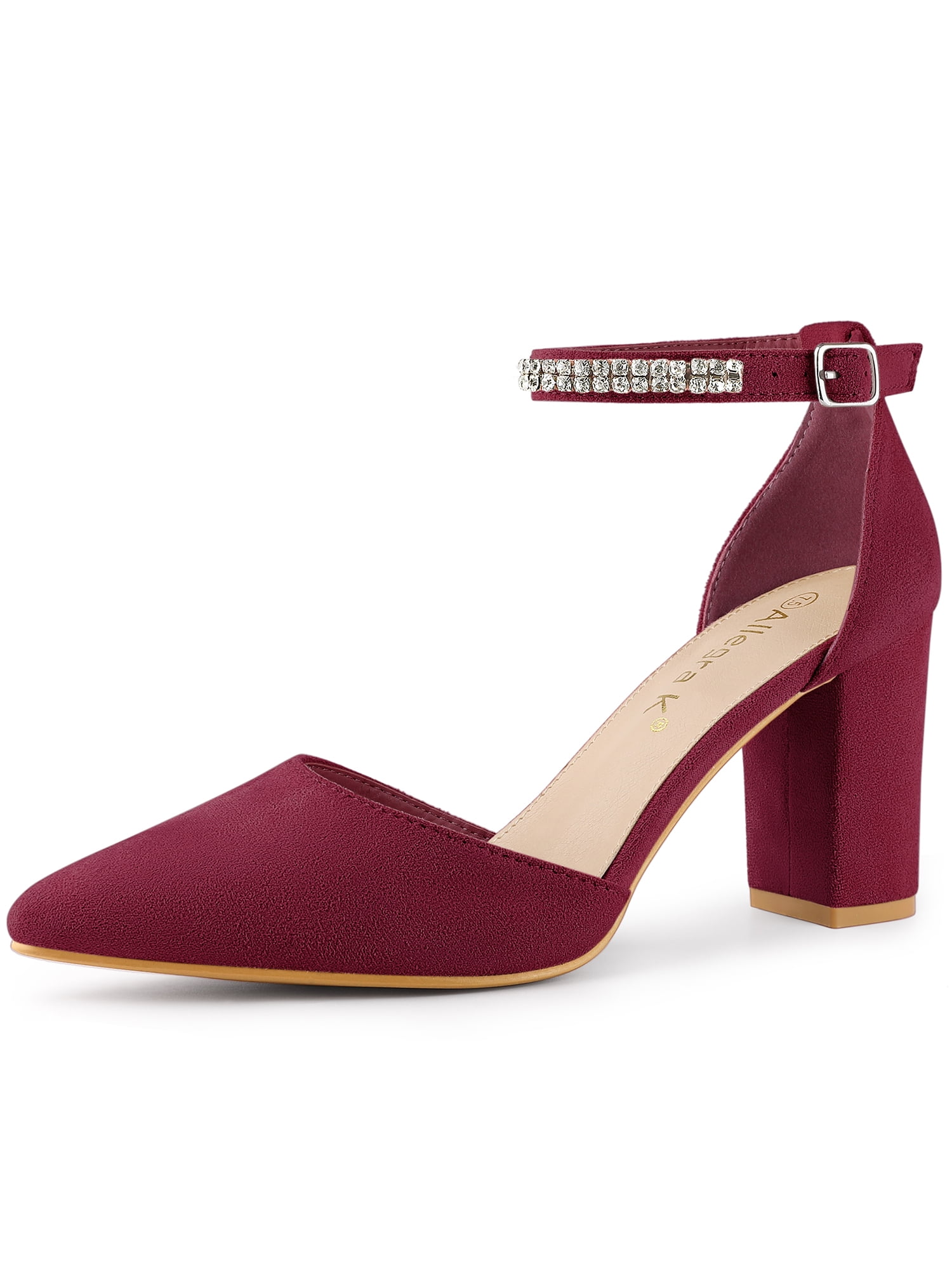DARING DIVA Women's Pointed Toe Rhinestone Ankle Strap Chunky Heels Pumps Burgundy 10