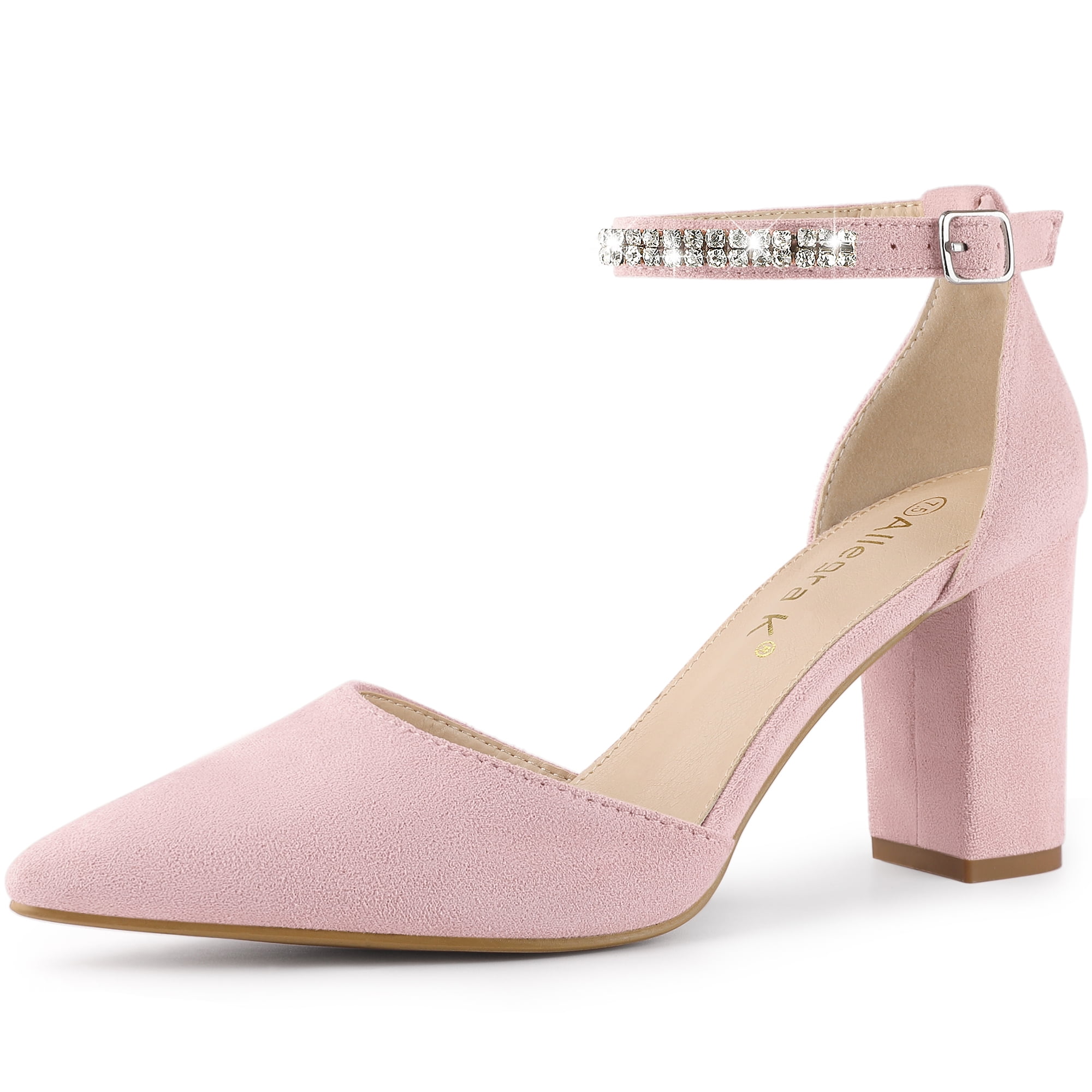 DARING DIVA Women's Pointed Toe Rhinestone Ankle Strap Chunky Heels Pumps Light Pink 8.5