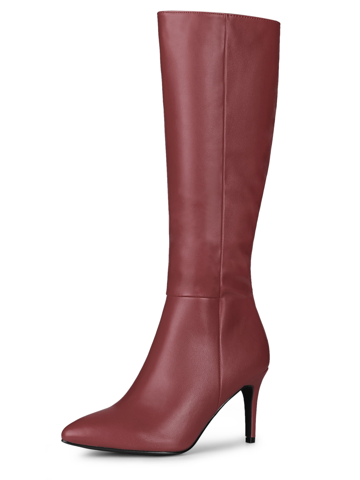 DARING DIVA Women's Pointed Toe Side Zipper Stiletto Heel Knee High Boots Burgundy 6.5