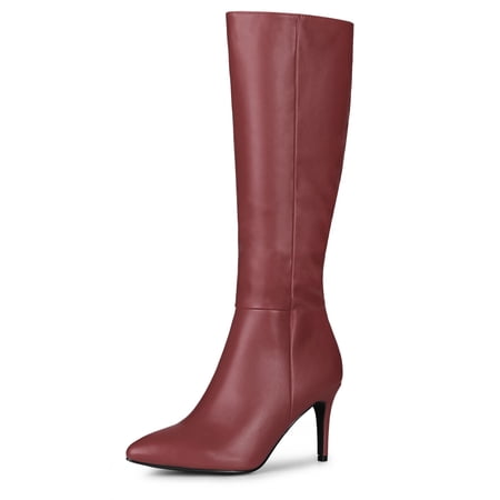 DARING DIVA Women's Pointed Toe Side Zipper Stiletto Heel Knee High Boots Burgundy 6.5