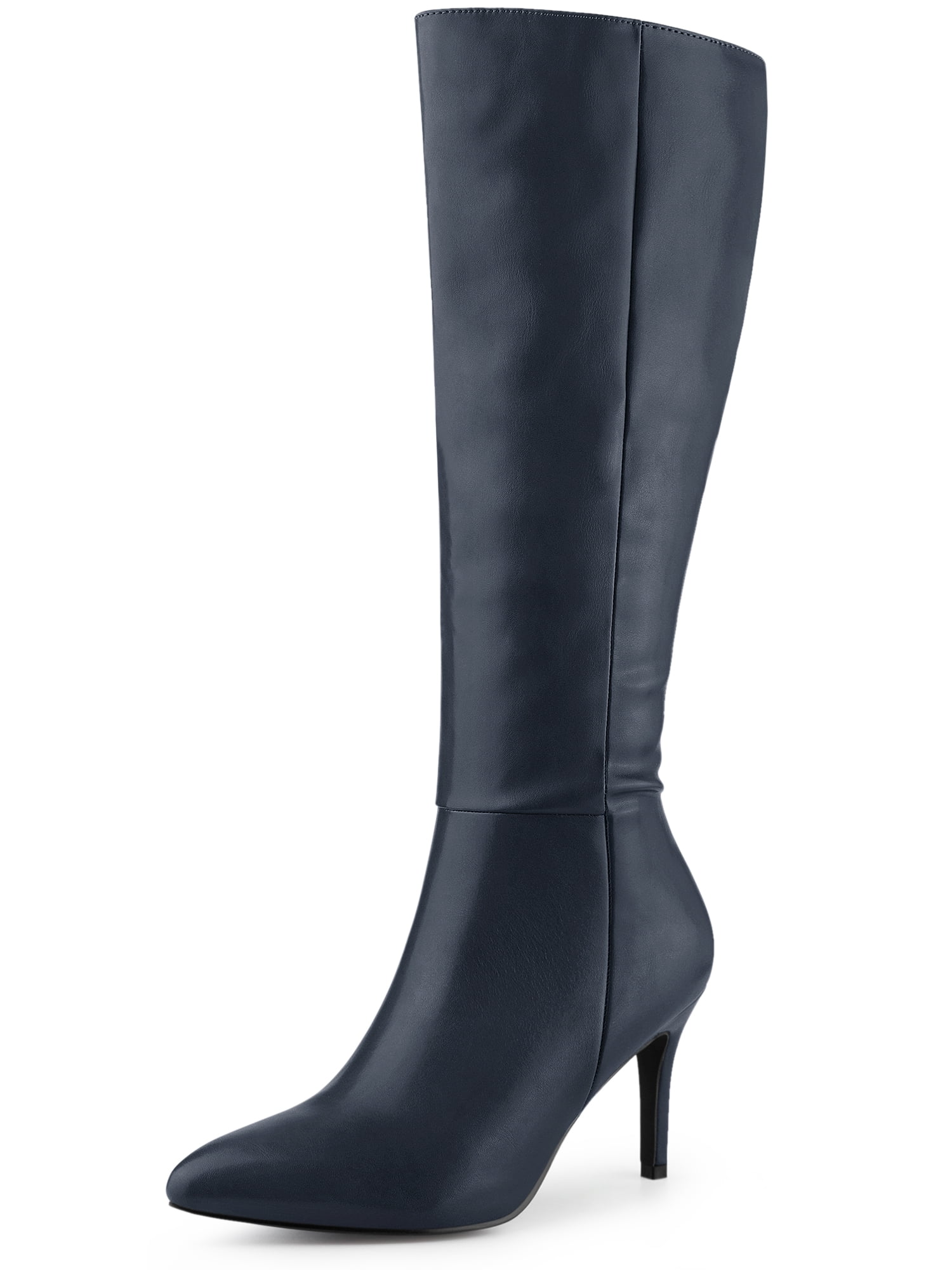DARING DIVA Women's Pointed Toe Side Zipper Stiletto Heel Knee High Boots Navy Blue 9
