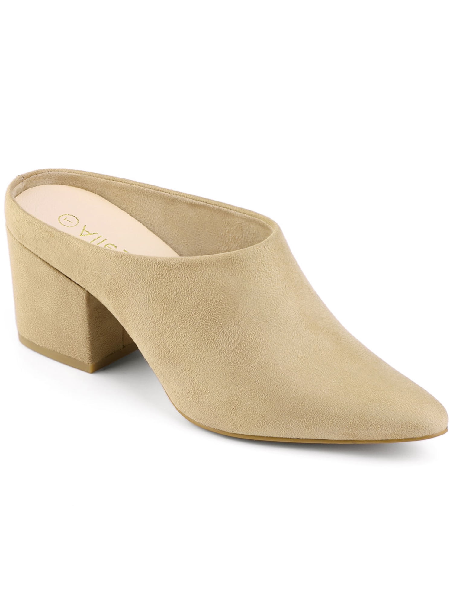 DARING DIVA Women's Pointed Toe Slip On Block Heel Slide Mules Beige 8