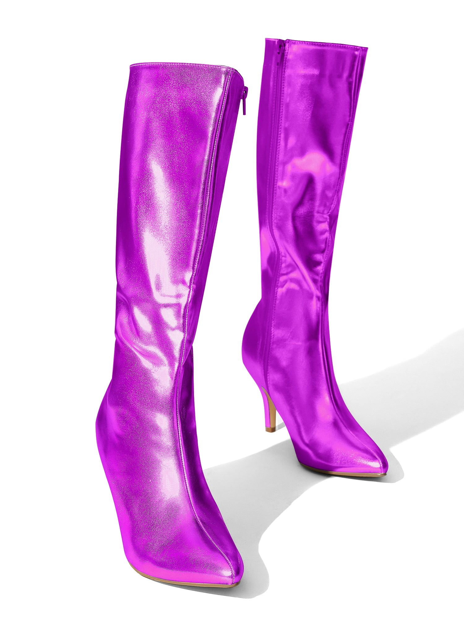 DARING DIVA Women's Pointed Toe Stiletto Heels Shiny Knee-high Boots Purple 7