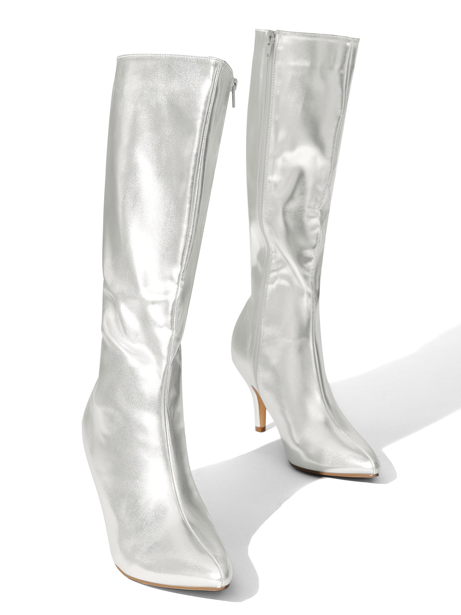 DARING DIVA Women's Pointed Toe Stiletto Heels Shiny Knee-high Boots Silver 8