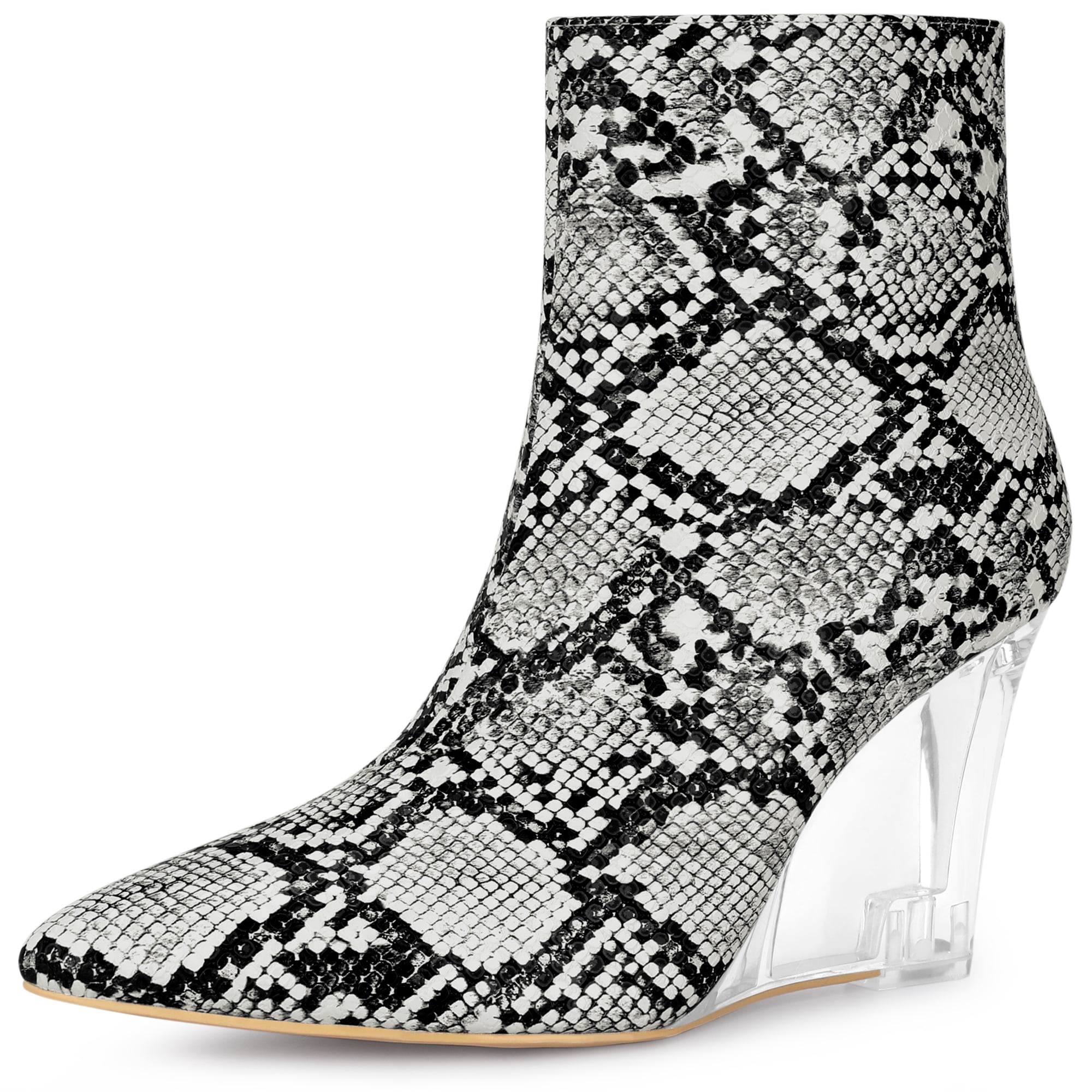 DARING DIVA Women's Pointed Toe Wedge Clear Heels Ankle Boots Black White US 9