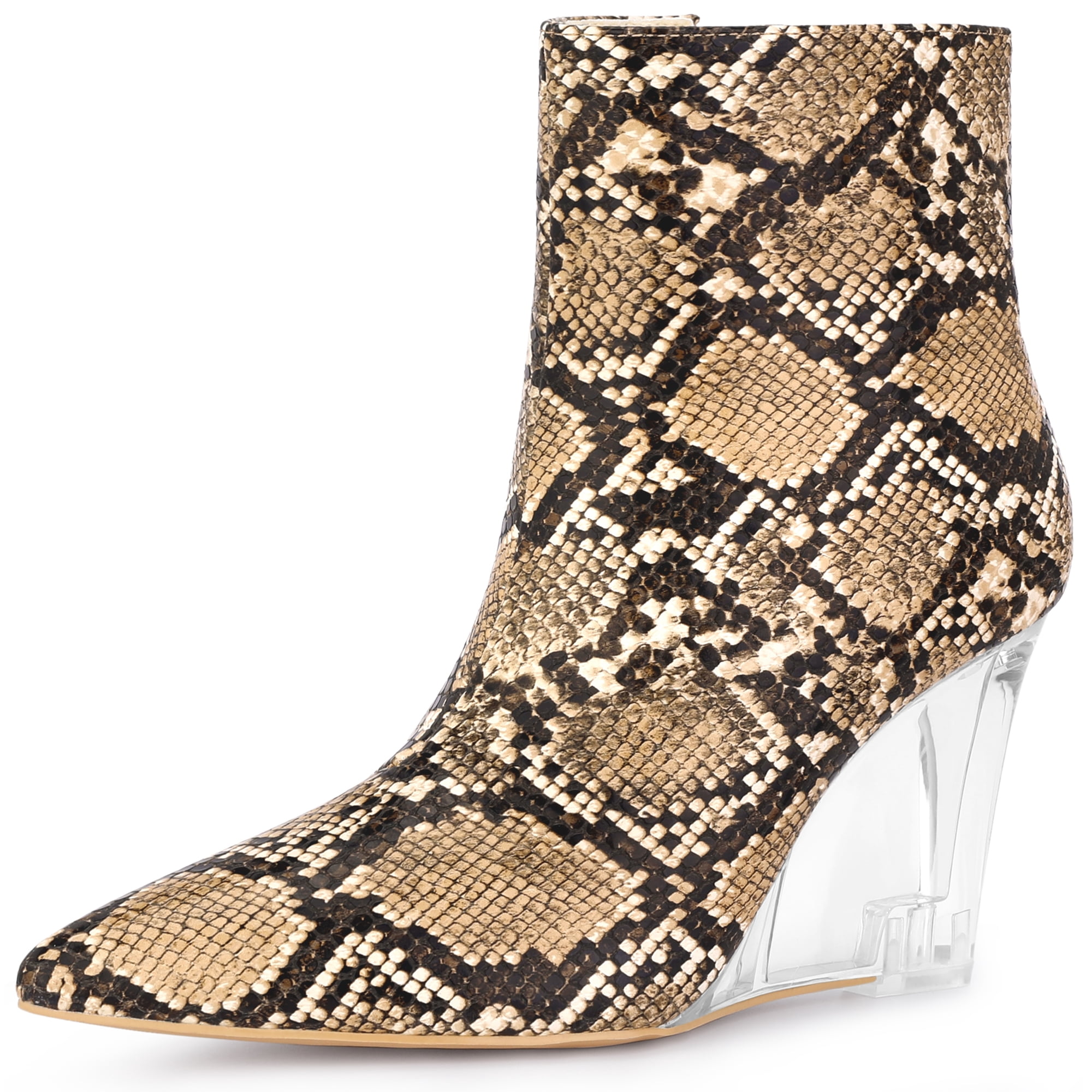DARING DIVA Women's Pointed Toe Wedge Clear Heels Ankle Boots Brown US 8