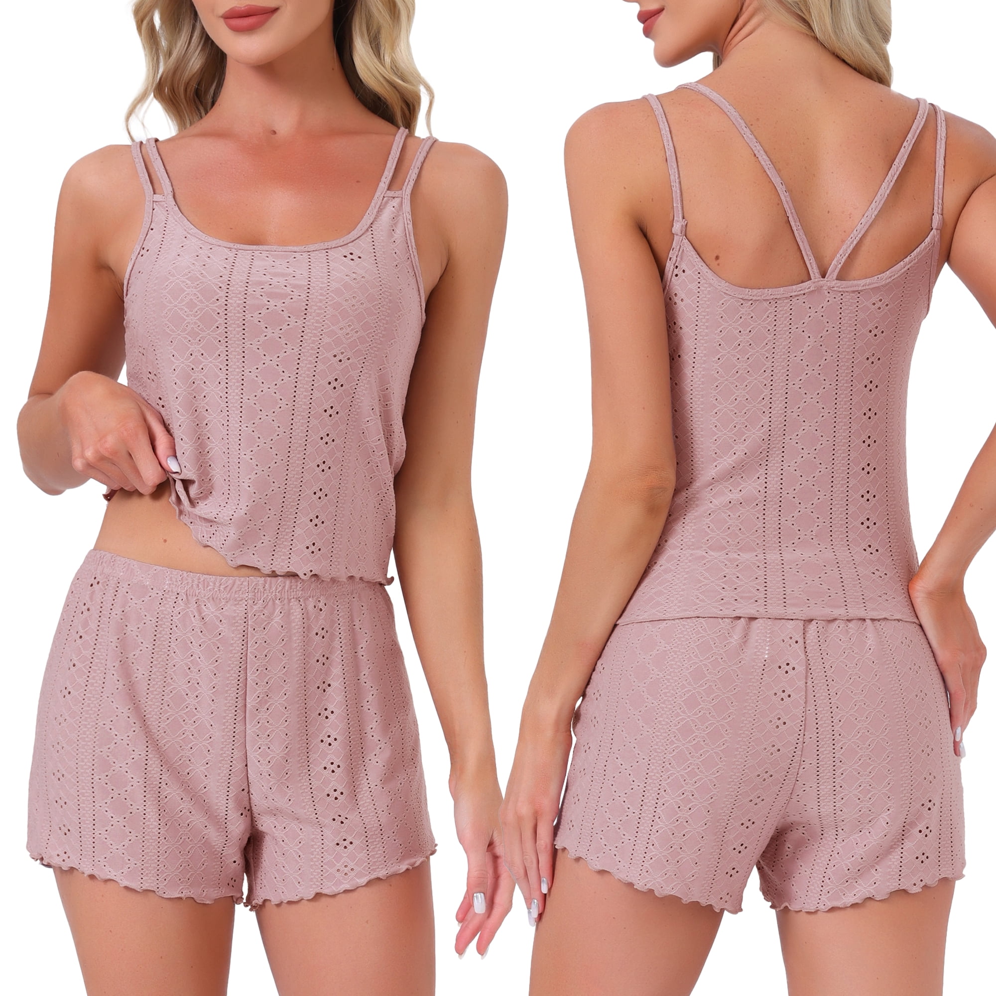 DARING DIVA Women's Pointelle Pajama Sleepwear Camisole Tops with Shorts Set M Brown