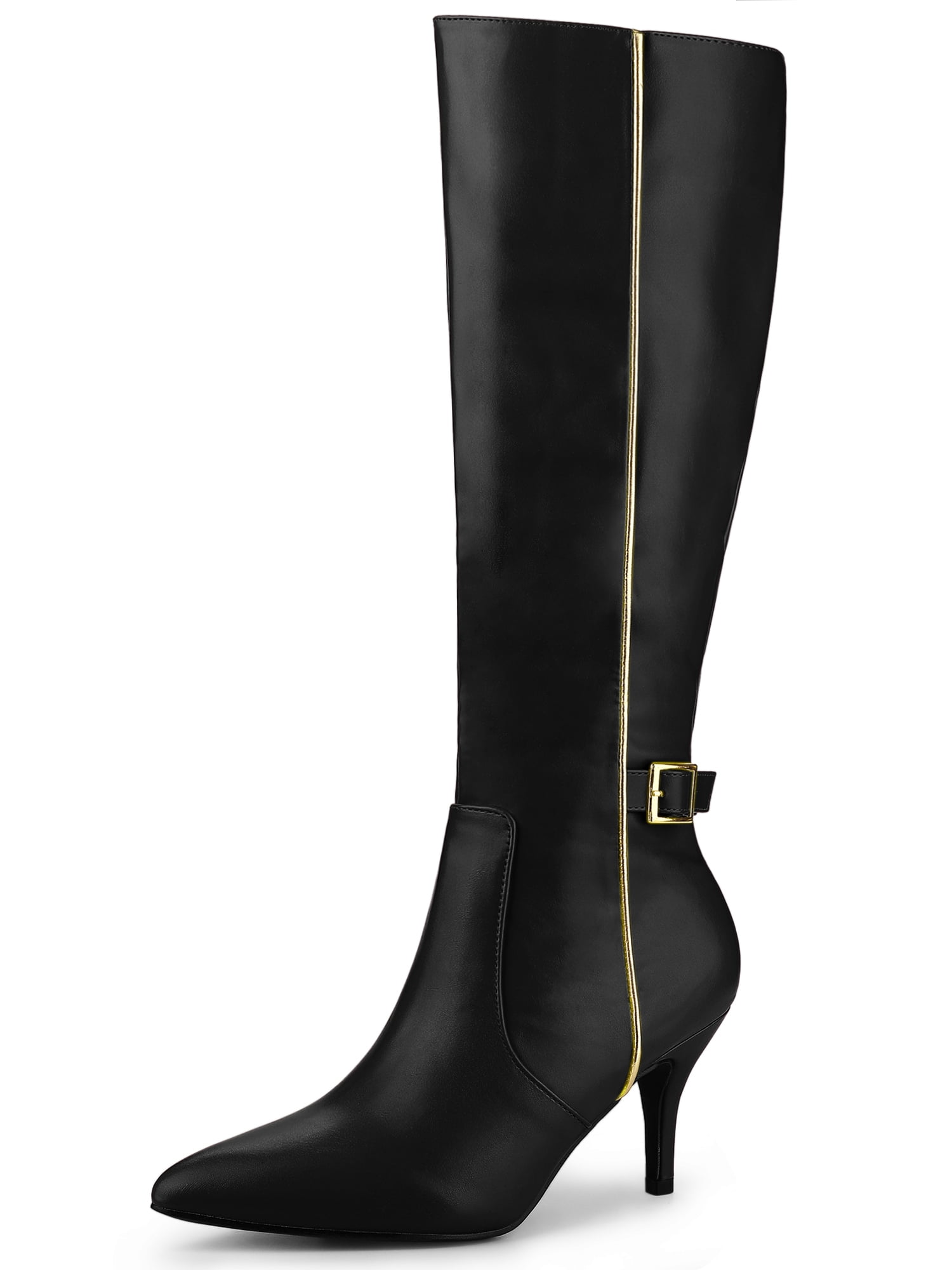DARING DIVA Women's Pointy Toe Buckle Stiletto Heel Black Knee High Boots Black 10