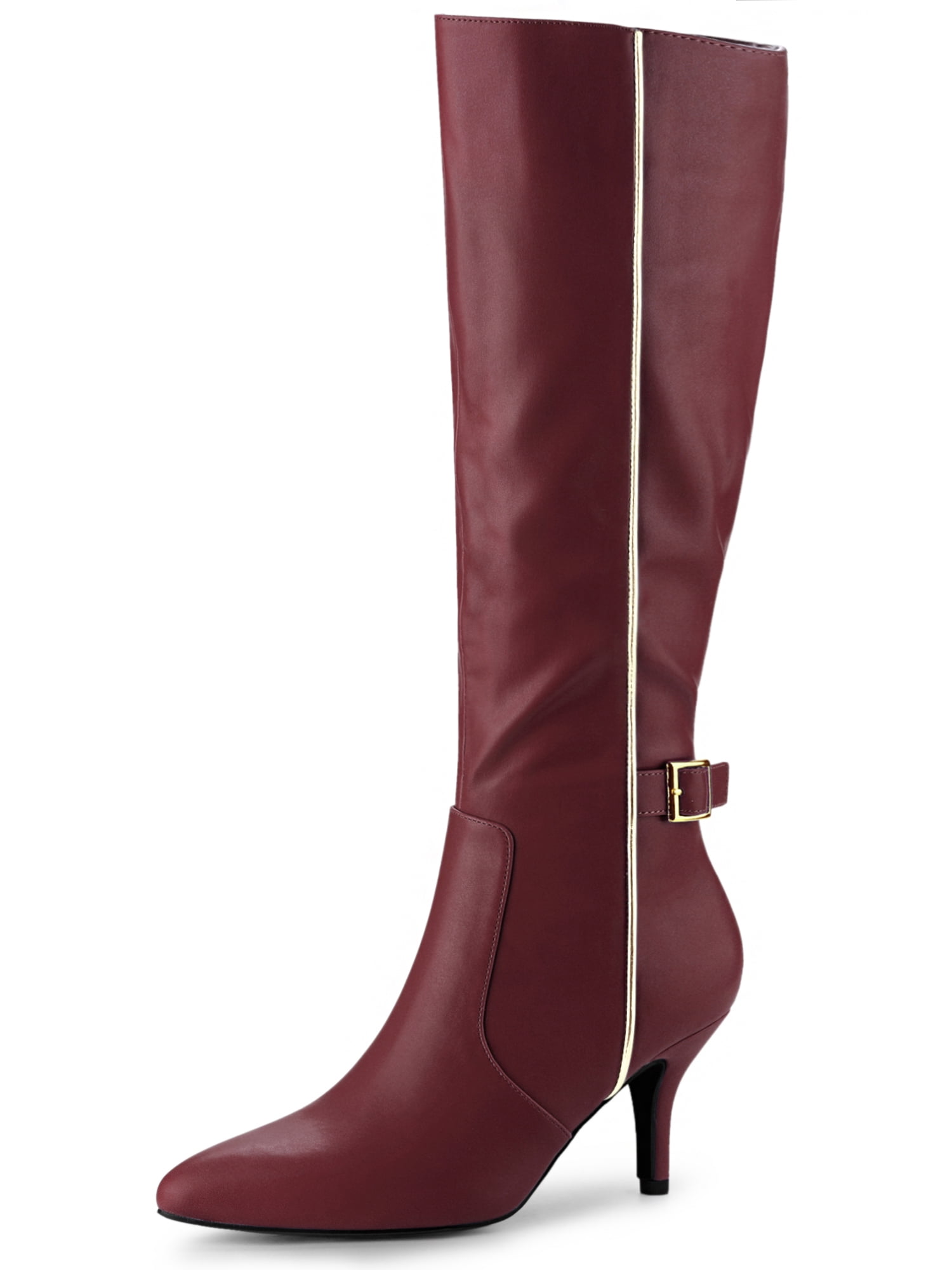 DARING DIVA Women's Pointy Toe Buckle Stiletto Heel Black Knee High Boots Burgundy 10
